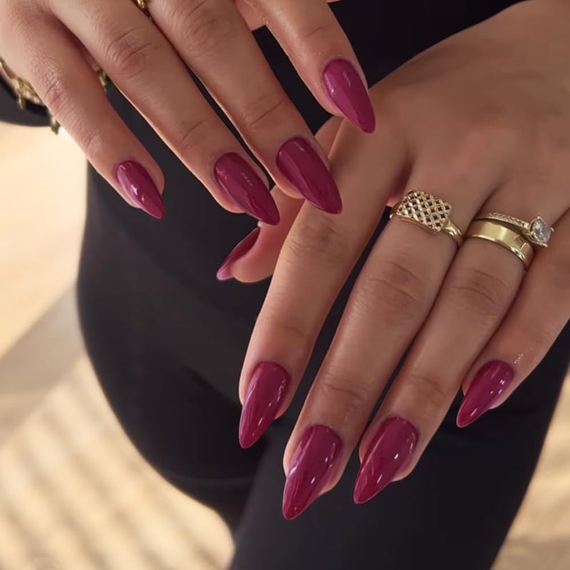 KQueenest Berry Purple Press on Nails Medium Stiletto Almond, Glossy Glue on Nails Medium Fake Nails Press ons Feature Protective UV Coating for Women Nail Art Manicure in 24PCS - Image 1